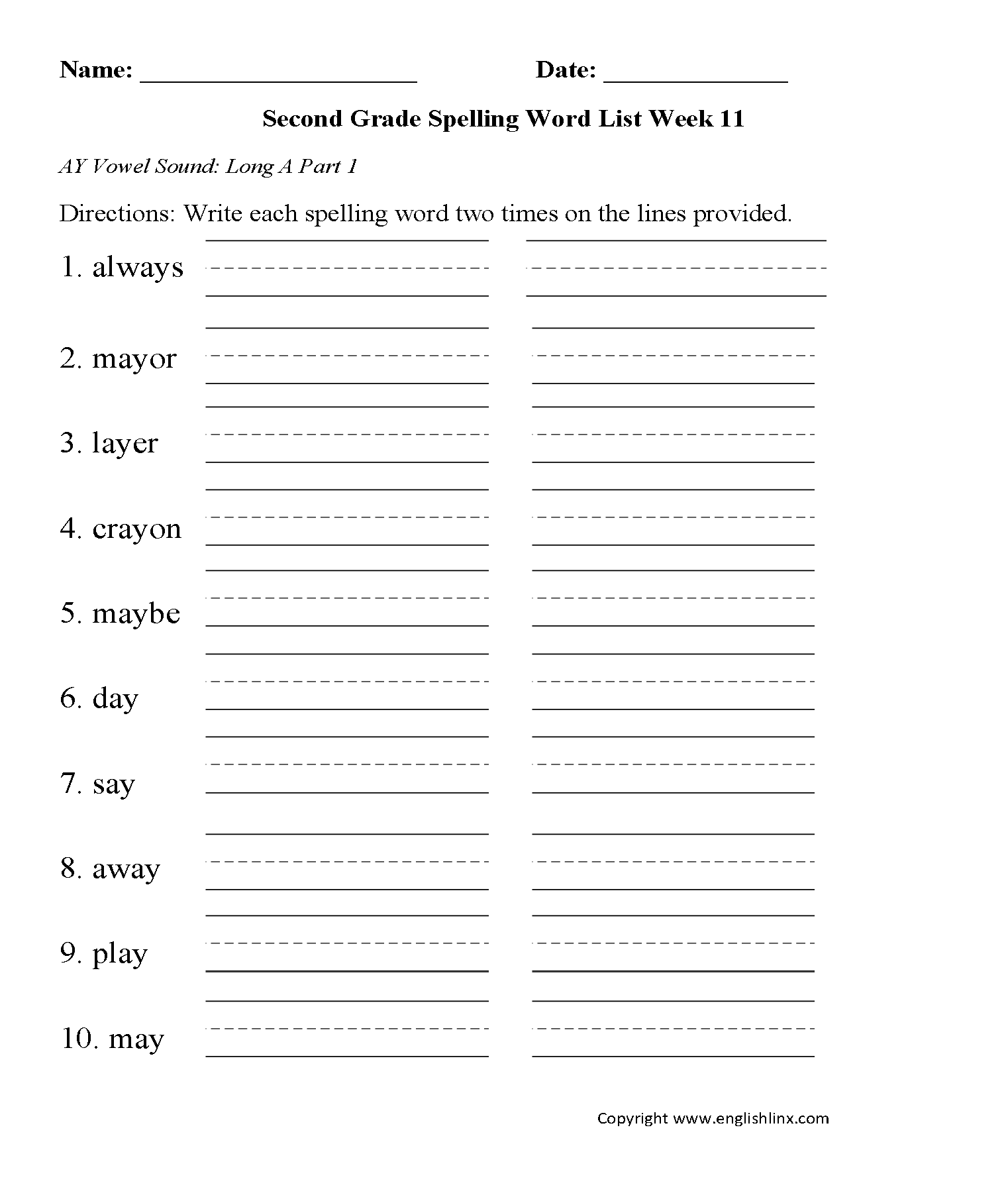 Week 11 AY Vowel 1 Second Grade Spelling Words Worksheets